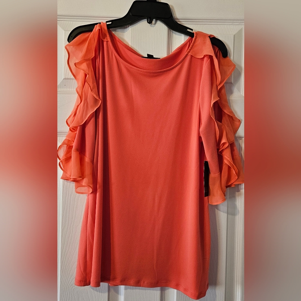 Bold Elements Summer Coral Ruffle Cold Shoulder Blouse